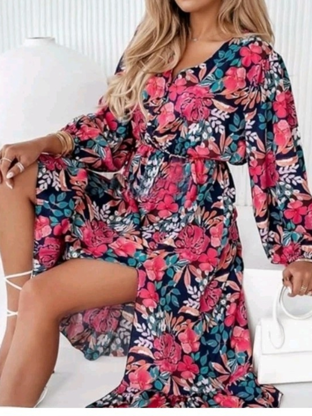 Floral V-Neck Long Sleeve Maxi Dress W/ A High Waist And Split Detail